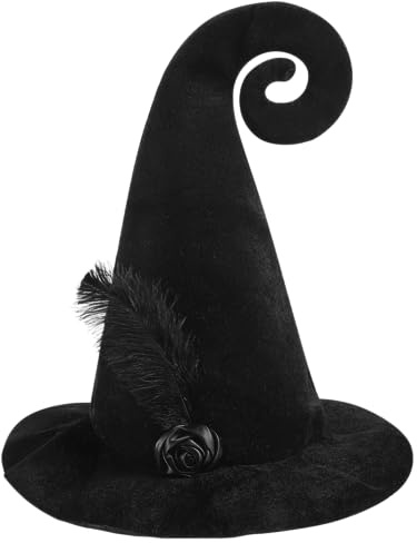 Spooktacular Creations Schwarzer lockiger Hexenhut mit Feder, Hexen-Zauberer-Hut für Frauen, Halloween-Kostüm-Zubehör, Schul-Rollenspiele, Themenpartys