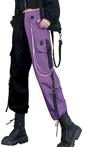 DINGJIUYAN Gothic Cargo Parachute Pants with Chain Women Plus Size High Waist Y2k Harajuku Steampunk Halloween Trousers