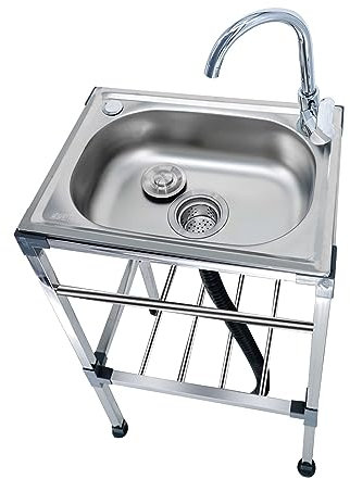 Évier Sur Pieds En Acier Inox avec Robinet D'eau Chaude Et Froide, Éviers De Cuisine 1 Bac avec étagères De Rangement, Évier Utilitaire Pour Restaurant, Bar, Buanderie, Garage ( Size : 35x48x83cm )