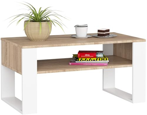 AKORD Couchtisch Holz DOMI mit einem Regal | 92x45x53cm | Für Wohnzimmer | Schlafzimmer Schrank | Minimalistisch Modernes Design | Schichtstoffplatte 16mm | Eiche Sonoma + weiße Beine