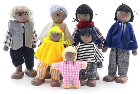 Sarini Set för dockhus Människor Familj på 7 Träfigur, små dockor för flickor, härliga dockor av lycklig familj Lekset Dockhus