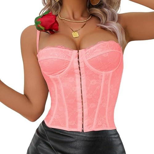 Haibang Corsé para Mujer Corpiño de Encaje Floral Vintage Corset Top con Tirantes Delgados Ajustado Camiseta sin Mangas Sexy Bustier sin Espalda Body Shaper Lencer para Salir de Fiesta o Club