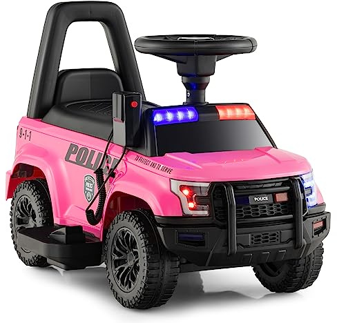 COSTWAY Elbil i polis, 6 V elektrisk barnbil med lagringsutrymme och megafon och varningsljus och tuta och fotpedaler, elektrisk bil för barn från 18 månader (rosa)