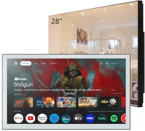 Soulaca 28 inches Smart Mirror for Bathroom, 4K UHD, IPX6 Waterproof, Goo-Gle Android 11.0, DVB-T/S/C Television, Voice Control with Wi-Fi & Bluetooth, 2024 The Latest Model