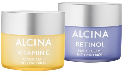 ALCINA Gesichtspflege Set - Mit Vitamin C Tagescreme (50 ml) für 24h Feuchtigkeit & Retinol Nachtcreme (50 ml) für verringerte Faltentiefe - Gesichtscreme mit Hyaluronsäure - Made in Germany