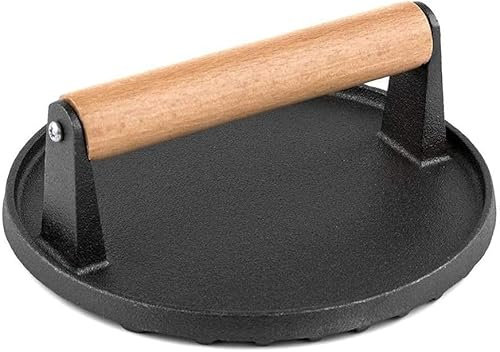 FengZeYing Burger Press Round 7 Inches Heavy Cast Iron Bacon Press with Solid Wood Handle for Kitchen & Commercial Gradee - Pre Seasoned Sandwich & Grill Press - Quesadillas, Hamburgers & Steaks