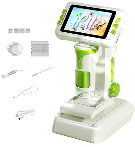 Microscope numérique Enfant Adulte,4 Pouces écran Microscope electronique à grossissement 1600X,Rechargeable,Plusieurs Langues,6 LED réglables,Jouet Scientifique Éducatif Cadeau (Vert)