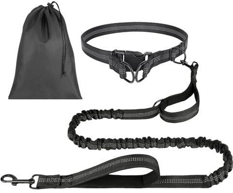 OFFCUP Hands Free Dog Lead with Pouch, Dog Running Lead with Adjustable Waist Belt and Dual-Handle for Walking Hiking Training Jogging, Waist Leash with Reflective Stitches (Black)