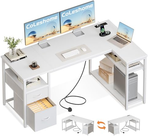 Coleshome Corner Computer Desk with Drawers and Shelves, 140×80 cm, White | L Shaped Office Desk with Built-in Power Outlet, PC Desk with Storage for Home Office, Reversible Design for Small Space