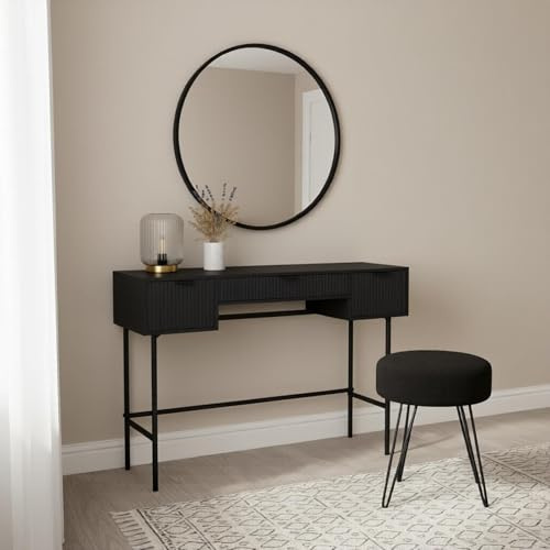 OHS Dressing Table, Ribbed Wooden Vanity Table with 3 Drawers Decorative Drawer Organiser with Metal Frame Modern Makeup Desk for Bedroom, Black - 110 x 35 x 75cm