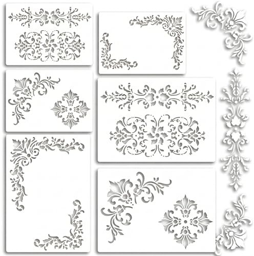 URYVAIW Plantillas Ornamentos, Juego de 6, Plantillas Reutilizables en PET, para Muebles, Paredes & DIY, Diseños de Flores & Esquinas, 16x24cm & 12x18cm