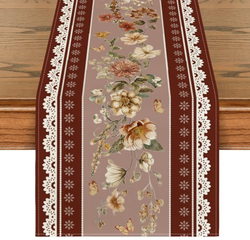 Artoid Mode röda blommor blad spets höst bordslöpare 40 x 180 cm, säsongsbetonad hem vardagsrum bord dekoration inomhus semester fest dekor