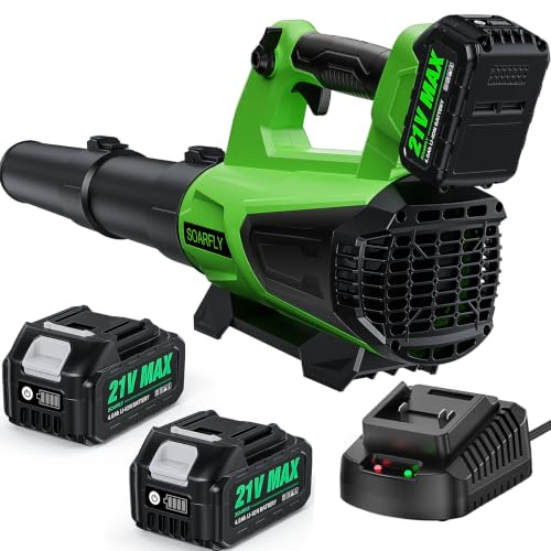 SOARFLY Soplador de Hojas a Batería con 2×4,0Ah Batería y Cargador, Motor 21V 19.000 RPM, 160MPH / 580CFM, Velocidad Variable, Ligero para jardín, terraza y Entrada