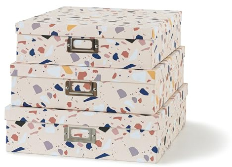 Soul & Lane Decorative Cardboard Storage Boxes With Lids for Home Décor, Set of 3 Nesting Photo Storage Box Set for Organizing, Scrapbooks, Keepsakes, Terrazzo Print Memory Containers