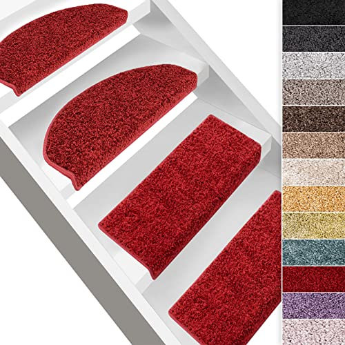 Floordirekt Hochflor-Stufenmatten Bali | Halbrund oder Eckig | Treppenmatten in 11 Farben | Strapazierfähig & pflegeleicht | Stufenteppich für Innen (Rot, Eckig 65 x 23,5 cm)