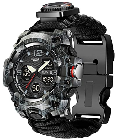 23-in-1 Survival Military Digital Watch, Mens Tactical Multi-Functional and Adjustable Wristband Outdoors Waterproof Sports Dual Dial Watches with Compass Paracord Band, N Bla, Digital