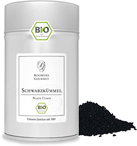 Boomers Gourmet - Bio Schwarzkümmel ganz – Nigella Sativa Samen aus kontrolliert biologischem Anbau – intensives Aroma – Naturrein – ideal für Brot, Salate, Currys - Gewürzdose 11,5 cm - 100 g