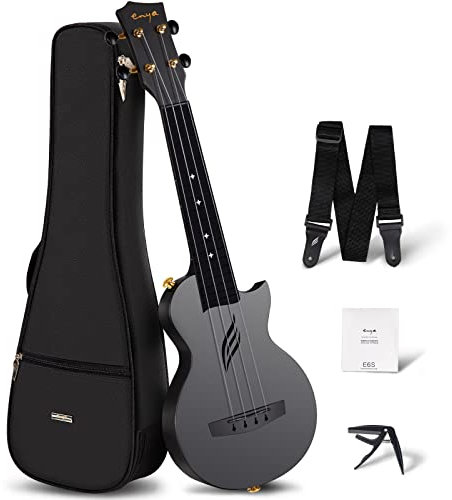 Enya Ukulele Sopran Nova U 21 Zoll Mini Kohlefaser Wasserdicht Ukulele mit Ukulele Anfänger Set Inkl Ukulelen Konzert Koffer, Gurt, Kapodaster und Saiten (Schwarz)
