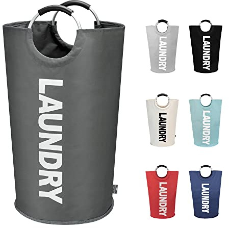 DOKEHOM 90L Grandi Cesto per la Biancheria, Sacco per il Bucato Pieghevole, Cesta Alta Autoportante per Vestiti, Cesto per Lavanderia Pieghevole (Grigio Scuro)
