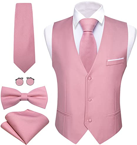 Barry.Wang Set da uomo con gilet, gilet da lavoro, cravatta e papillon, rosa, M