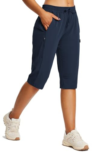 baleaf Women's 15 Long Hiking Capri Below The Knee Quick Dry Cargo Shorts UPF 50 Lightweight Zip Pocket Elastic Waist Dark Blue L