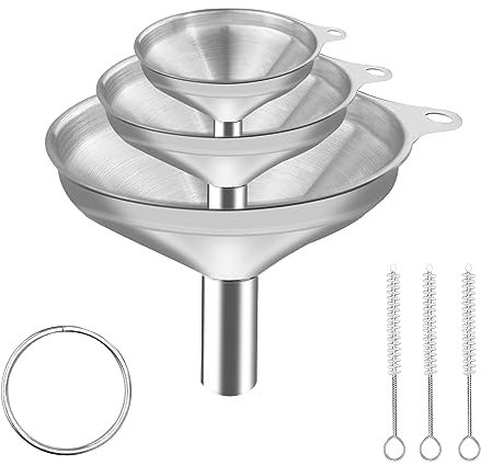 Nutabevr Set di 3 imbuti in acciaio inox, con 3 spazzole per la pulizia con manico, Filtro riutilizzabile in acciaio inossidabile, per Filtraggio Imbuto di Metallo per Succo, Spezie, Olio, Vino