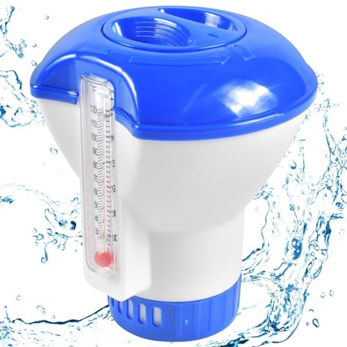 Funmo Galleggiante dosatore per piscina da 5 pollici, galleggiante dosatore per piscina con termometro, galleggiante di cloro regolabile, per clorazione automatica e bromurazione della piscina