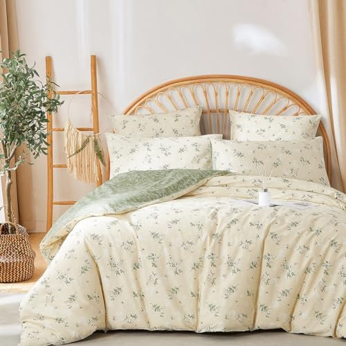 Lanqinglv Bettwäsche 200x200 Baumwolle Blumenmuster,Beige Grün Pflanzen Wendebettwäsche Renforce ÖKO-TEX Bettwäsche Set Vintage Bettbezug mit Reißverschluss und 2 Kissenbezug 80x80 cm