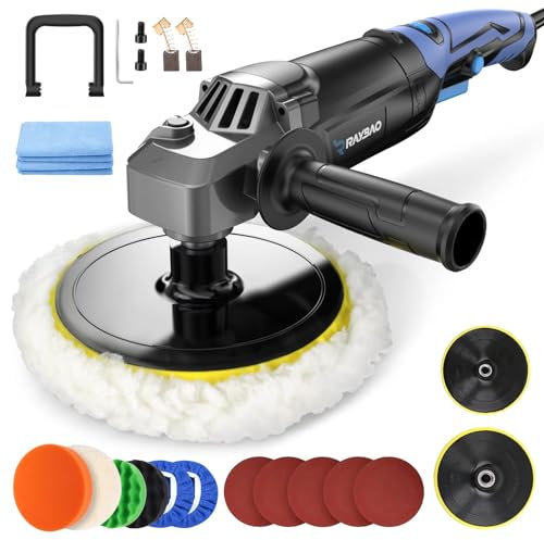 RAYBAO Car Polisher, 1200W Car Polishers and Buffers, Variable Speed 1600-3500RPM, Car Buffer Polisher Machine with Detachable Handle, 180mm/150mm Disc for Polishing/Waxing