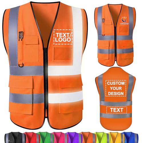 WolunLi Warnweste mit Logo - Personalisierte Sicherheitsweste mit Text, Namen - Warnweste bedruckt für Unternehmen mit Reißverschluss & Taschen Orange X-Large