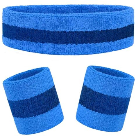 Kids Sweatbands Headband Wristband Set - Athletic Cotton Sweat Band for Sports - Ultimate Sweat-Absorbing 3-piece Set (1 Headband + 2 Wristbands) (Blue)
