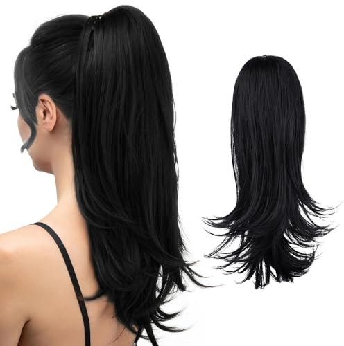 RPAEOY 50 cm Perücke Damen Clip in Extensions Echthaar Haarteil Pferdeschwanz Volumen Pferdeschwanzperücke mit Leicht Gelockten Enden Wurzel für Alltag Party Cosplay(Schwarz)