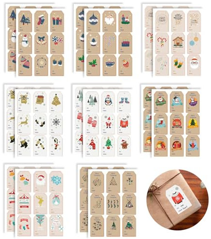 NVGVUP 144 Stück Weihnachten Etiketten Aufkleber Selbstklebend, 72 Stil Geschenkanhänger, Namensaufkleber Geschenketikette, Weihnachtsaufkleber für Geschenktüten Papiertüten Kekstüten (33 × 53 mm)