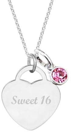 Sweet 16 Heart Necklace with Birthstone | Sterling Silver Adjustable Chain | Stainless Steel Heart Pendant | Personalised 16th Birthday Gift for Her