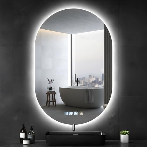 Sararoom Espejo Baño con Luz 75×50cm, Luces de Baño Espejos de pared con Reloj, Función Antivaho, 3000K/4000K/6500K, Regulable, Memoria, Cristal Templado HD, IP44 Espejos de Tocador LED Retroiluminado