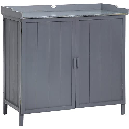 Outsunny Wood Garden Storage Cabinet, Outdoor Tool Shed with Galvanised Top and Two Shelves, Potting Bench Table for Garden Tools or Pool Accessories, Grey