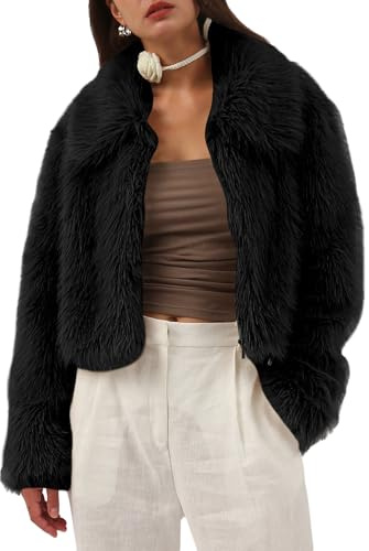 Amazhiyu Womens Faux Fur Coat-Winter Plush Zip-Up Winter Jacket with Pocket Black L