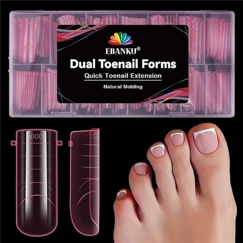 EBANKU 150 PCS Poly Gel Nail Forms for Toes, Pink Long Square Dual Forms for Polygel Pedi Nail Extension Poly Gel Toenails Set Reusable Toe Nail Tips Mold, 15 Sizes