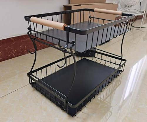 Romon Fruteros de Cocina, Cesta de Frutas de 2 Niveles con 2 Perchas de Plátano, Modernos Estantes Fruits Cuenco Verduras de Malla de Metal para Almacenamiento Mostrador Organizador Soporte, Negro