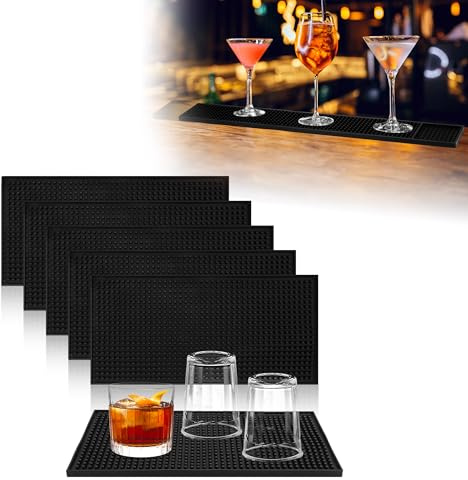 WENLISELL 5 PCS Bar Mats for Home Pub 30x15cm, Non-Slip Bar Drip Mat Rubber, 12x6 Inch Black Narrow Bars Mats for Countertop, Restaurant, Kitchen