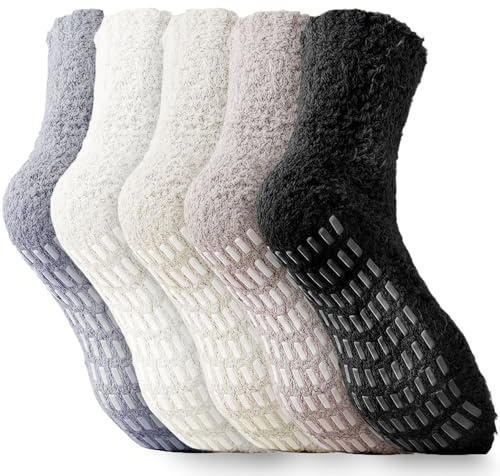 GWAWG 5 paia di calzini soffici per donne e ragazze, calzini caldi antiscivolo da letto con impugnature, pantofole morbide e accoglienti invernali pelose calde