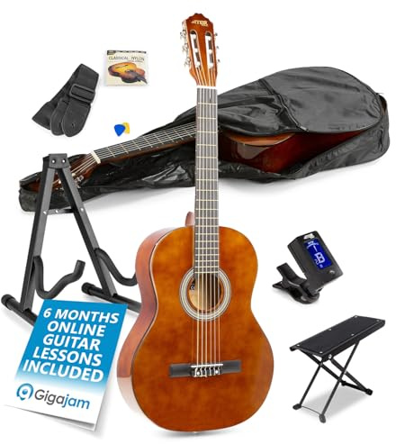 MAX Classical Acoustic Guitar Starter Set with Stand, Tuner, Gig Bag, Foot Rest, Strings, SoloArt Dark Natural