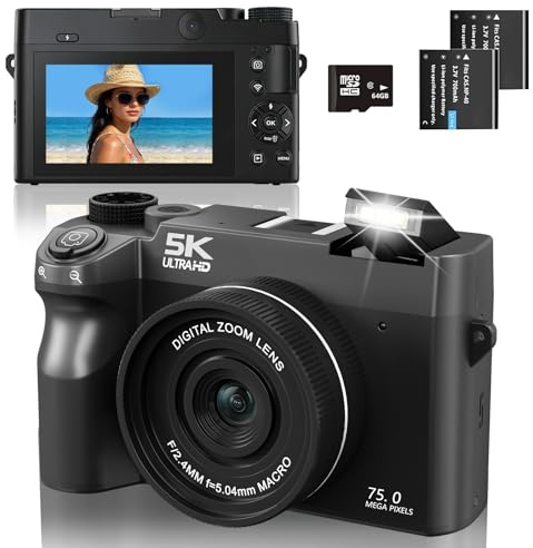 Appareil Photo Numérique 5K 75 MP pour Vlogging avec Wi-FI, Appareil Compact doté avec Écran 3, Camera pour Vlog avec Carte 64GB, 18X, Autofocus,2 Batteries, pour Adolescents Débutants Adultes
