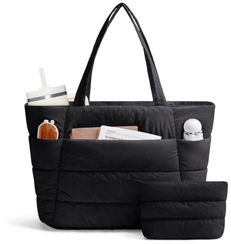 Narwey Nylon Puffer Tote Bag for Women, Lightweight Puffy Work Nurse Bag, Quilted Shoulder Bag Handbag for Travel, College, Teacher, Gym, Nursing School Essentials, Gifts for Women Girls (Black)