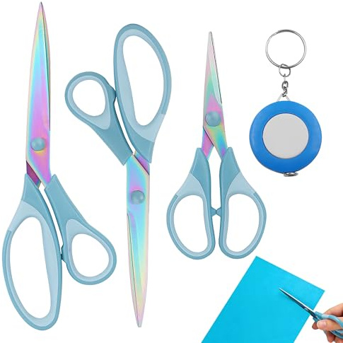 3PCS Blue Craft Scissors, 3 Sizes, with Measure Tape | Stainless Steel, Titanium-Plated, Sewing Embroidery Scissors, Multi-Purpose Craft Scissor Set, for Office Home School