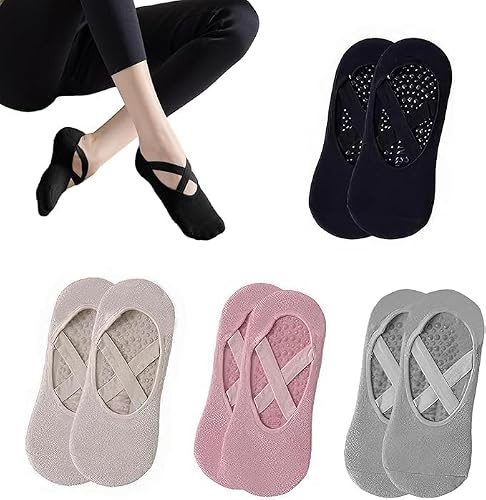 Yooyan Pilates Socks, Yoga Socks, 4 Pairs Stopper Socks for Women Girls, One Size Non-Slip Sports Socks for Yoga, Pilates, Dance, Fitness