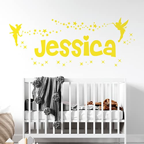 Personalised Name - Fairies, Tinkerbell and Stars - Girls Bedroom Vinyl Wall Decal Sticker [Large] [Lemon]
