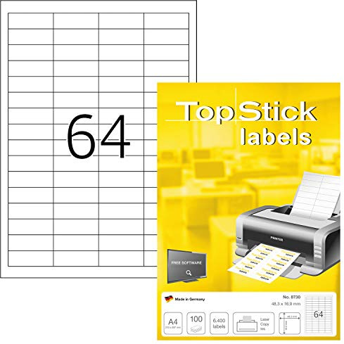 TopStick 8730 universella etiketter A4 mini (48,3 x 16,9 mm, 100 ark, papper, matt) självhäftande, utskrivbara, permanenta adressetiketter, 6 400 klistermärken, vit