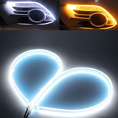 QasimLed 2-Pack 60cm White&Yellow Cars DRL LED Daytime Running Lights Auto Flowing Turn Signal Guide Strip Headlight Assembly Waterproof