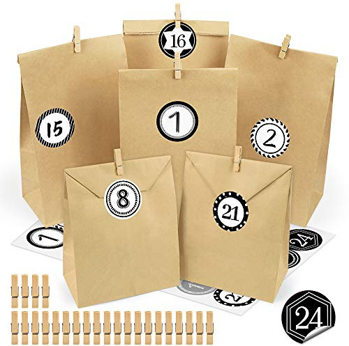 Adventskalender zum Befüllen, 24 Adventskalender Kraftpapiertüten, DIY Adventskalender Selber Basteln, mit 24 Zahlenaufklebern und Klammern, Geschenktüte zum Basteln und Befüllen